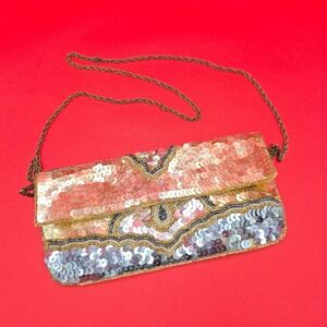 Vintage KC Malhan Gold Blue Silver Full Sequins Chain Strap Cloth Lined India